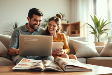A happy family discussing financial plans with a Bank of Queensland personal loan brochure.