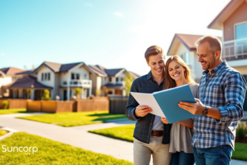 A couple discussing their options for a Suncorp Bank real estate loan while looking at property listings.