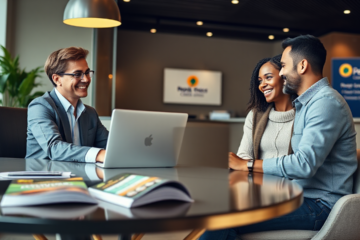 A happy couple discussing their financial options for a personal loan through People's Choice Credit Union.