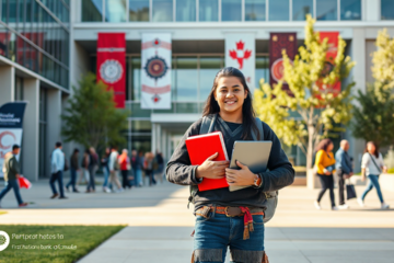 Indigenous student studying with books and a laptop, representing the support from the First Nations Bank education loan.
