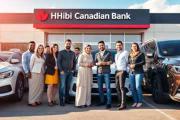 A happy customer reviewing options for a vehicle acquisition loan from Habib Canadian Bank.