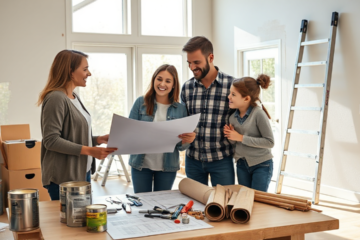 A family discussing home renovation plans with a contractor.
