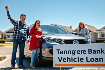 Tangerine Bank logo with a family happily driving their new vehicle.