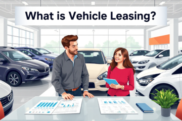 A person reviewing vehicle leasing options with a car in the background.