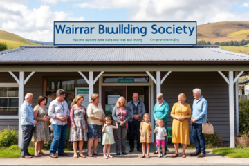 A happy family in front of their new home with Wairarapa Building Society logo.