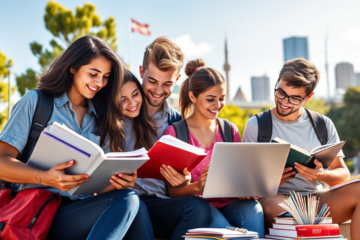 An image depicting a student studying with books and a laptop, symbolizing support through HSBC Australia's education loan.