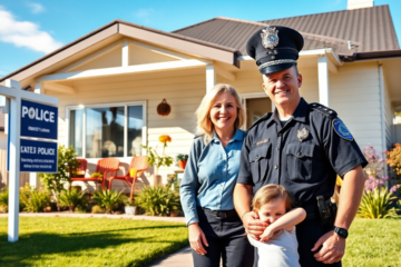 A police officer and family discussing mortgage options at the Police and Families Credit Union.