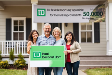 A couple discussing home renovation plans with TD Bank loan options in the background.