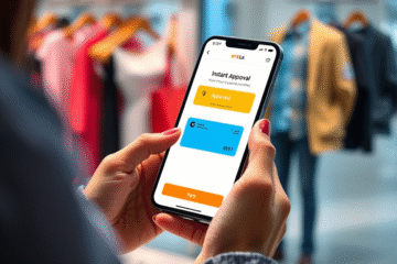 An illustration of a person using a mobile device to apply for a credit card with instant approval.