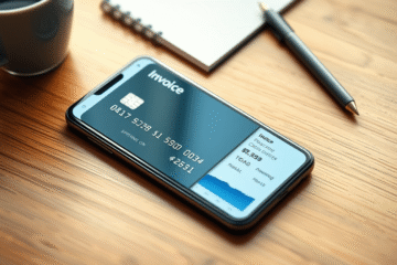 Illustration showcasing a credit card with digital invoice features and app control.