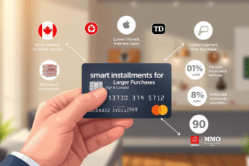 Illustration of a credit card and installment payment options for larger purchases.