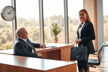 A professional candidate arriving on time for a job interview, symbolizing punctuality and commitment.