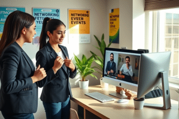 A professional looking person preparing for an online interview with a laptop and notepad.