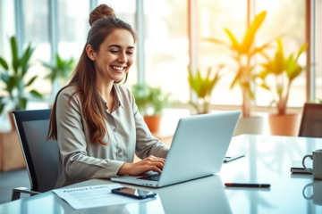 A person receiving quick loan approval on a laptop.