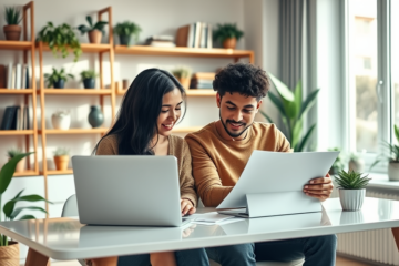 A person smiling while looking at a laptop, representing the ease of getting a loan online.