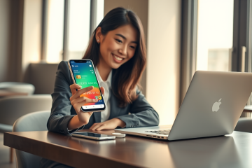 Young professional woman using smartphone with digital credit card cashback interface at modern cafe table for everyday spending