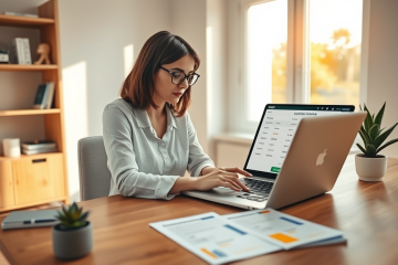 Young woman comparing cashback credit card limits and cashback rates online in a modern home office setting