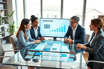 Three adults in a bright modern office comparing rewards credit cards on a digital screen and table for best value card